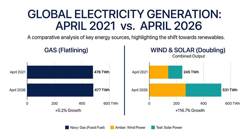 Over the past five years, gas generation has flatlined while wind and solar output has more than doubled.