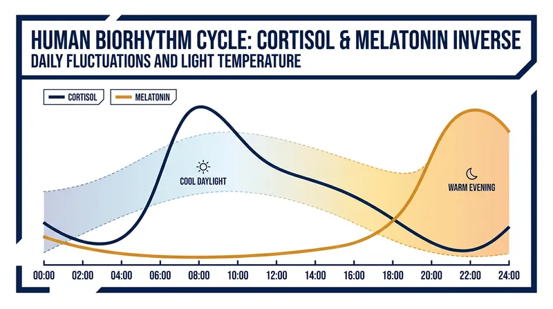 The hormonal seesaw: Cortisol drives daytime alertness, while melatonin promotes nighttime sleep.