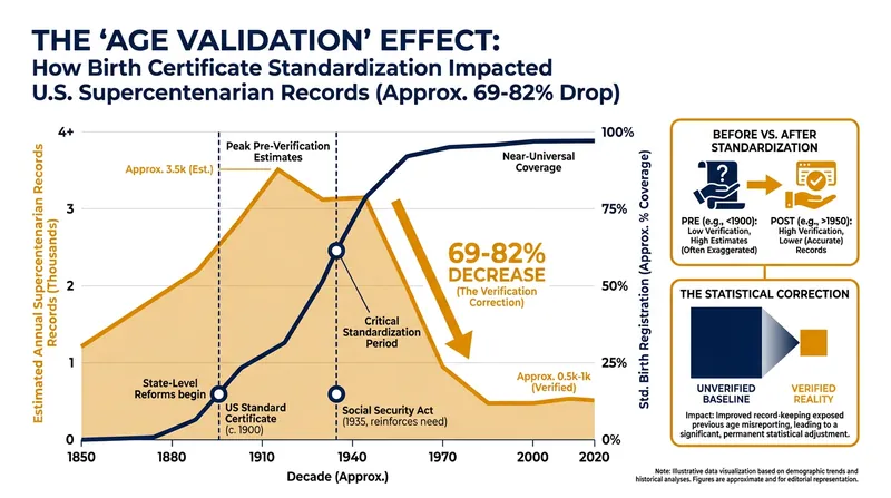 Demographic skeptics point to a sharp decline in extreme age records once strict birth registration was enforced.