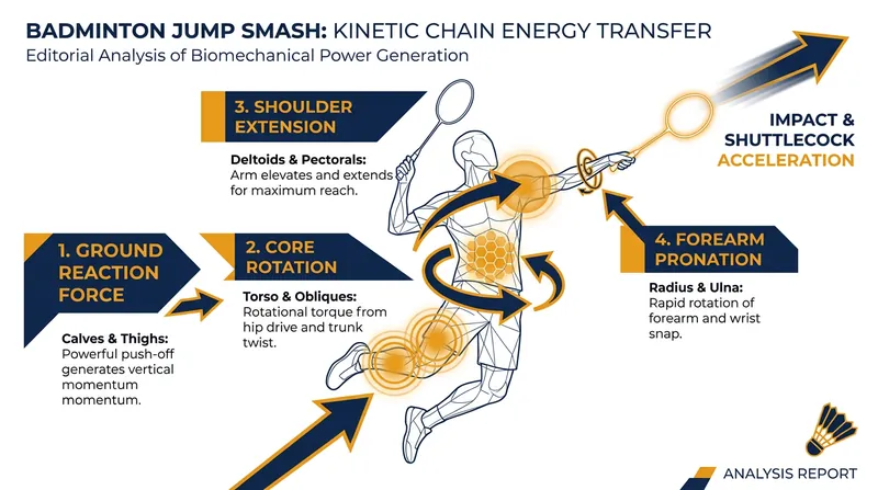 Power generation in a smash relies on sequential muscle activation rather than isolated arm strength.