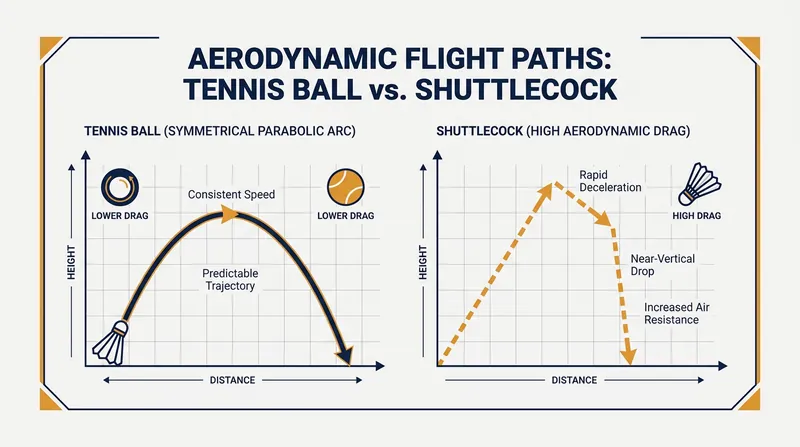 The unique feather skirt of a shuttlecock creates massive aerodynamic drag, causing rapid deceleration.