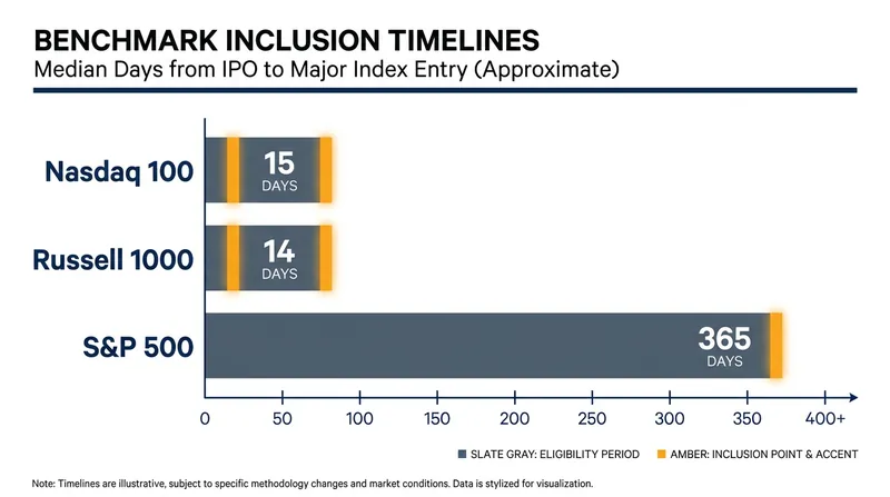 The stark divergence in 'seasoning' requirements among major U.S. equity indexes.