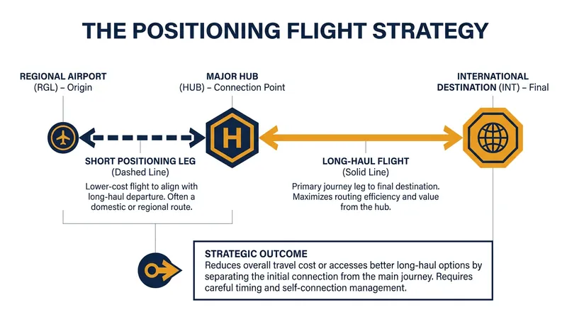 Positioning flights separate the expensive regional departure from the discounted long-haul route.