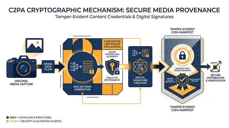 How C2PA works: The image data and the provenance manifest are cryptographically bound together.