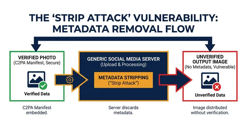 The strip attack: Social media platforms routinely remove embedded metadata, breaking the chain of custody.