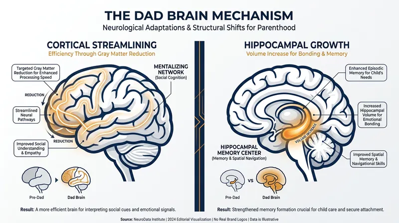Paternal neuroplasticity involves both the streamlining of cortical gray matter and the growth of the hippocampus.