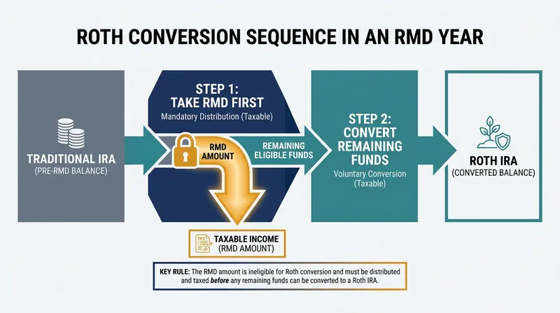 IRS sequencing rules require taking the mandatory distribution before executing a Roth conversion.