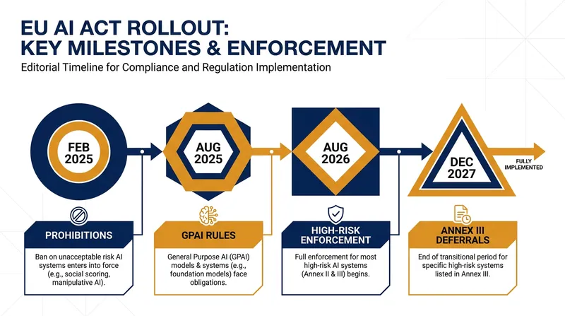 The European Union's phased rollout of the AI Act culminates in major enforcement actions beginning in late 2026.