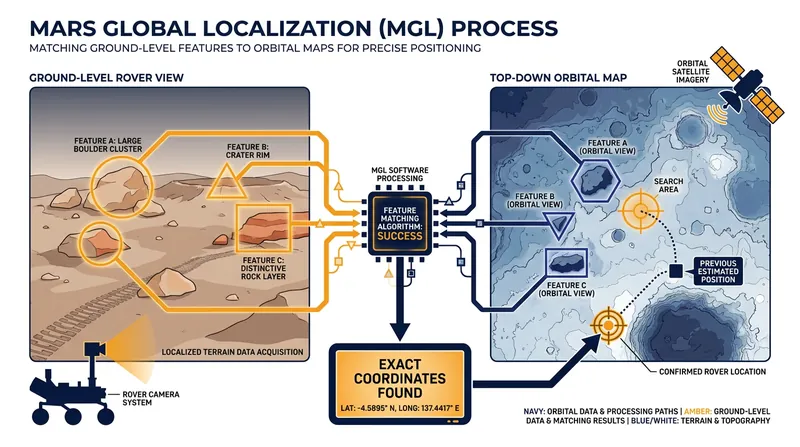 Without GPS satellites, Perseverance uses an onboard algorithm to match its camera views with orbital maps to pinpoint its location.