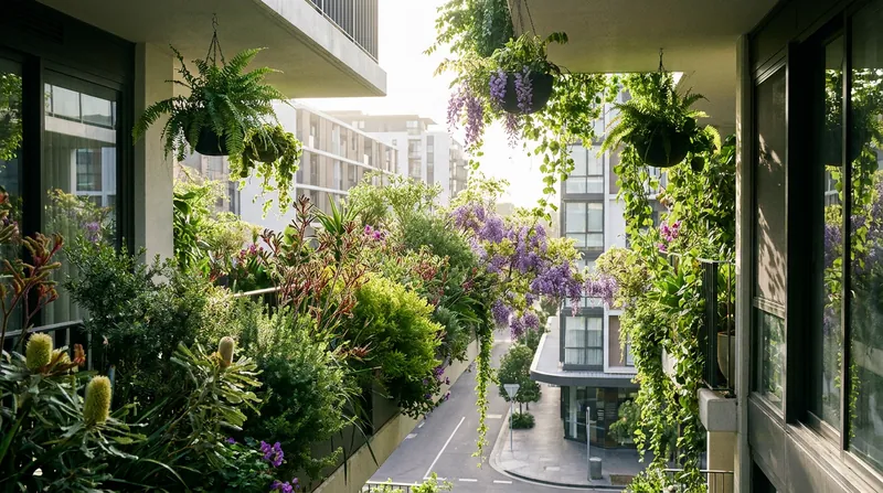 Aerial micro-corridors, such as connected balcony planters, provide vital stepping stones for urban pollinators and birds.