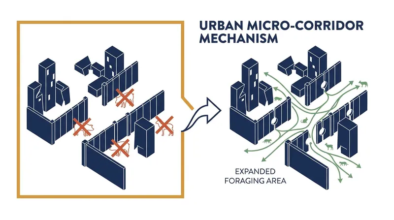 Micro-corridors transform isolated garden patches into a continuous, permeable landscape for foraging and mating.