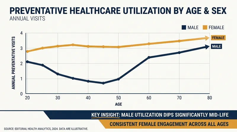 Men historically utilize preventative healthcare at significantly lower rates than women, particularly during their 30s and 40s.