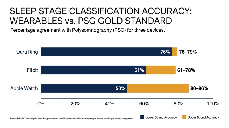 Accuracy drops significantly when consumer devices attempt to classify light, deep, and REM sleep stages.