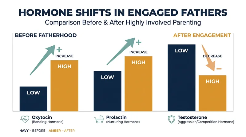 Hormonal shifts, including drops in testosterone and spikes in oxytocin, prime fathers for nurturing behaviors.
