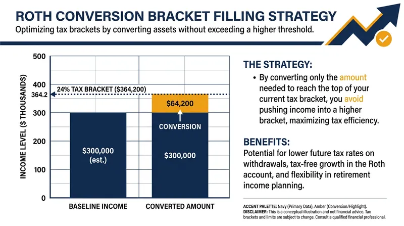 Bracket filling allows retirees to convert funds to a Roth IRA without spilling into higher tax brackets.