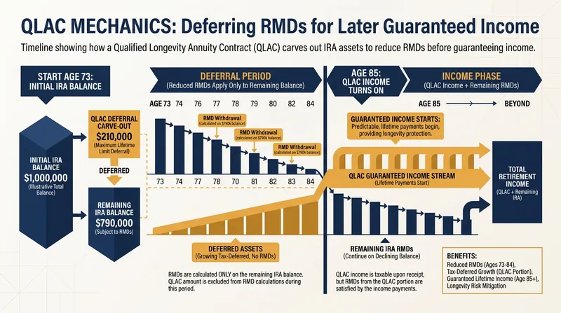 A QLAC removes up to $210,000 from RMD calculations, deferring taxes and guaranteeing late-in-life income.