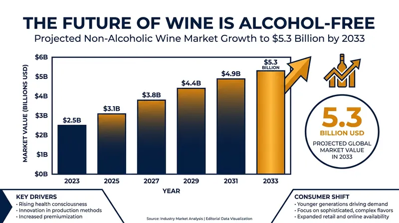 The global non-alcoholic wine market is projected to more than double by 2033.