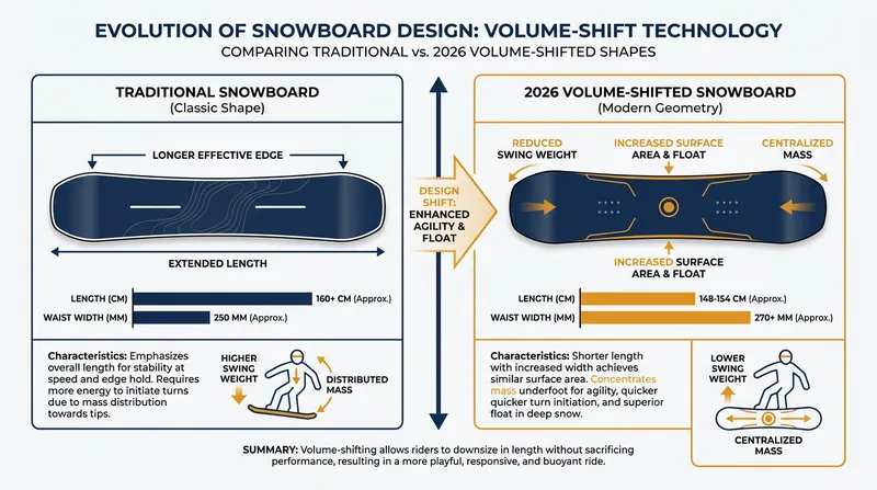 Volume-shifted boards reduce length by 5-7 cm, pulling mass closer to the rider's center to decrease rotational resistance.