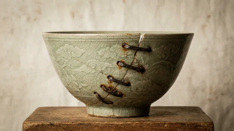 Before Kintsugi, broken ceramics were often repaired with heavy metal staples, a functional but visually disruptive technique.
