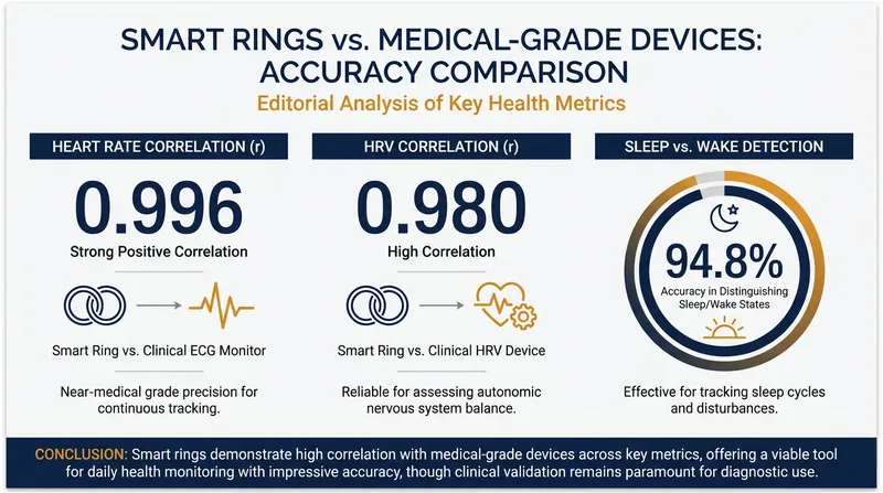 Peer-reviewed validation studies show near-perfect agreement between smart rings and medical ECGs for resting heart rate.