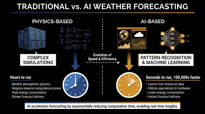 AI forecasting bypasses complex physics equations by recognizing patterns in historical data.