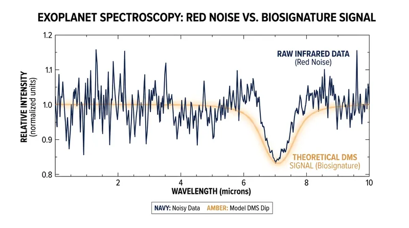 Instrumental 'red noise' can mimic the absorption lines of complex molecules, making the definitive detection of biosignatures incredibly difficult.
