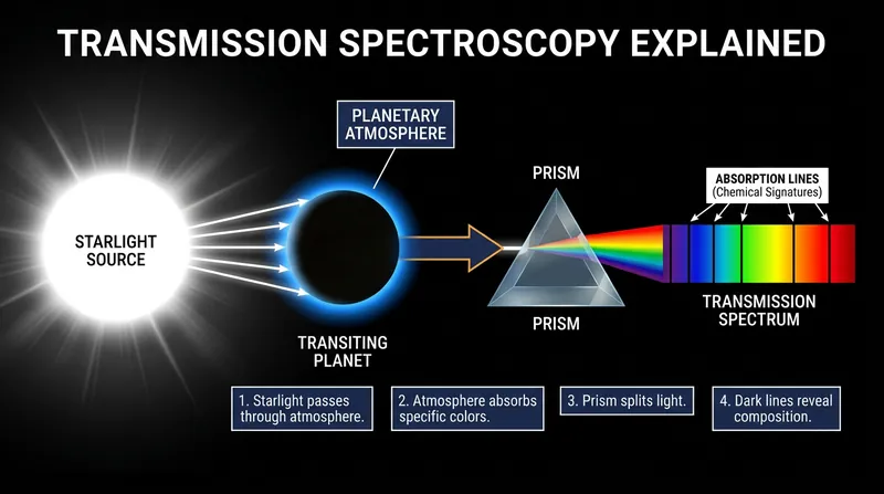 Transmission spectroscopy allows astronomers to read the chemical makeup of an exoplanet's atmosphere by analyzing the 'missing' slices of starlight.