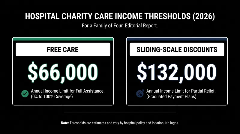 Nonprofit hospitals are required to offer financial assistance, with eligibility thresholds often extending into the middle class.