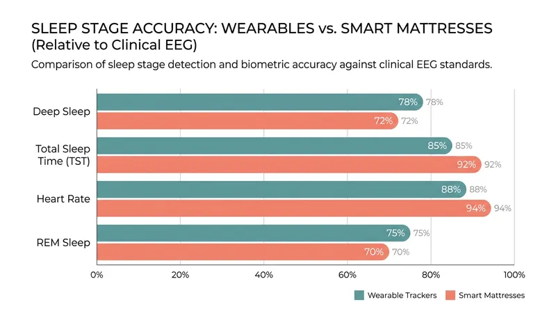 While smart beds excel at tracking total sleep time, wearables still hold a slight edge in precise sleep staging.