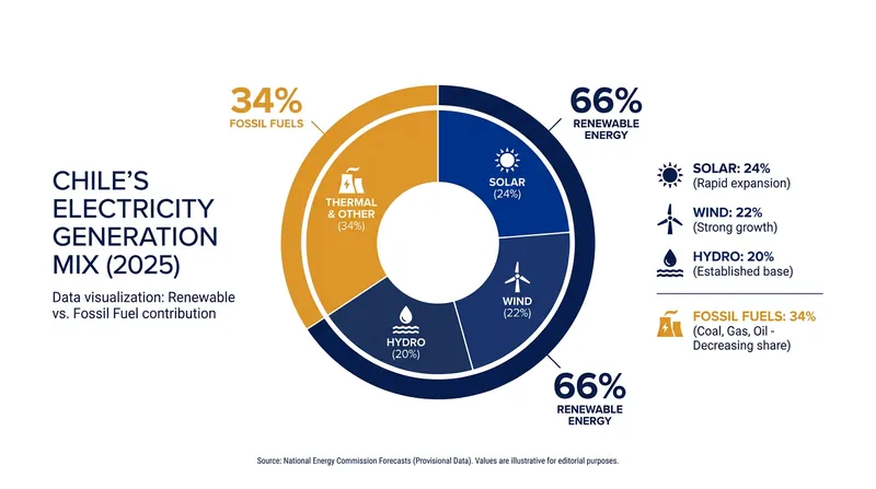 Renewable sources accounted for roughly two-thirds of Chile's annual electricity generation in 2025.