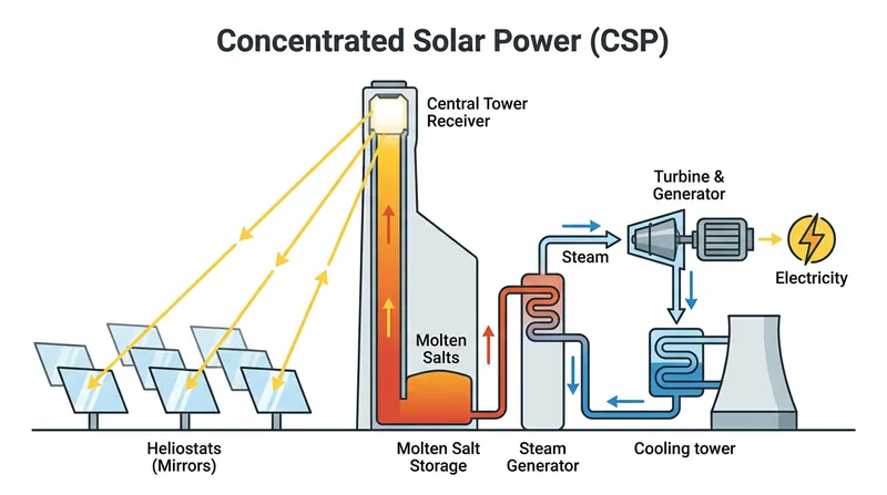 How Concentrated Solar Power uses molten salts as a thermal battery to generate electricity after sunset.