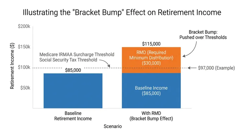 Large mandatory withdrawals can artificially inflate Adjusted Gross Income, triggering secondary tax consequences.