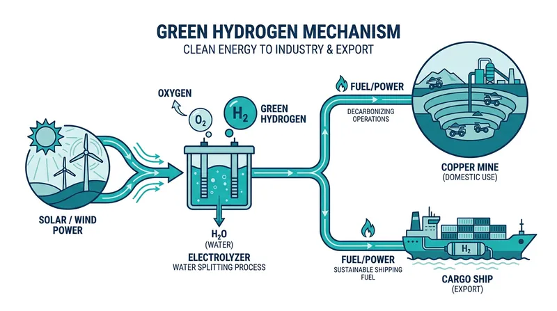 How renewable electricity is converted into green hydrogen for industrial use.