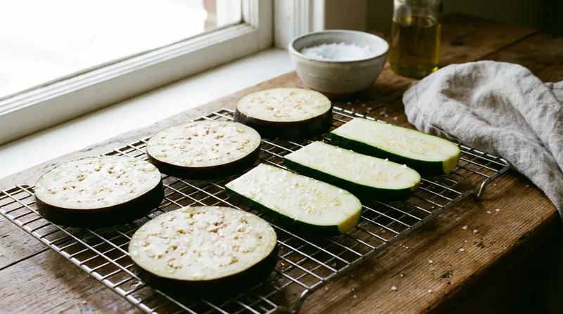 Salting watery vegetables in advance purges moisture, preventing them from steaming in the pan.