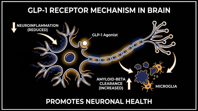 GLP-1 receptors are expressed throughout the brain, where they are believed to modulate inflammation and clear toxic proteins.