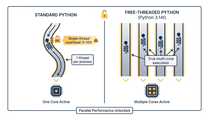 The free-threaded build trades a small single-thread overhead for massive multi-core scalability.