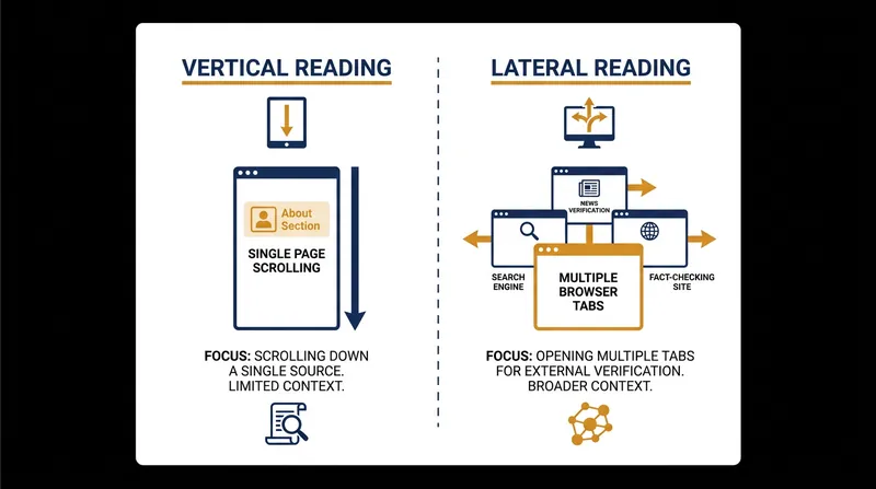 Professional fact-checkers read laterally across multiple tabs, rather than vertically down a single page.