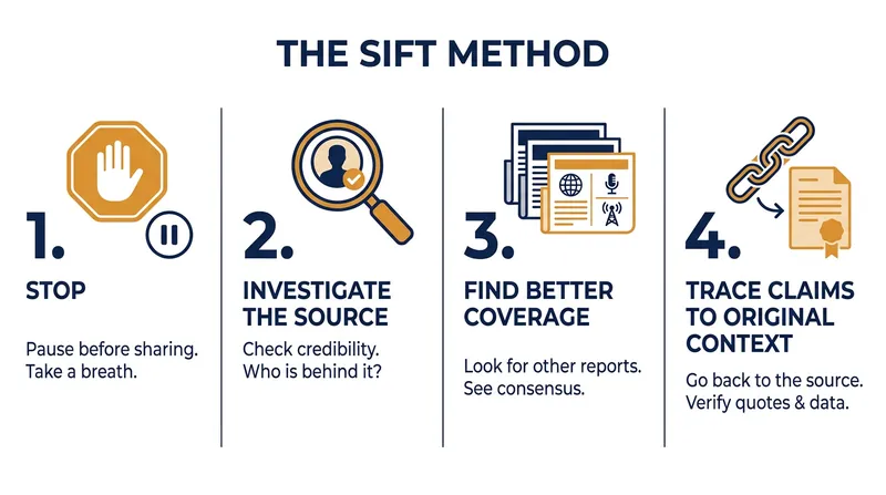 The SIFT method, developed by Mike Caulfield, provides a four-step framework for evaluating online information.