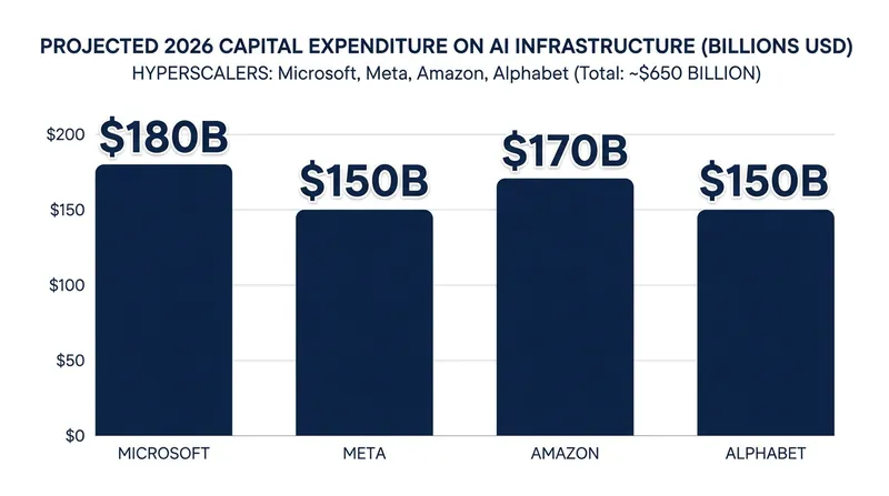 Major tech companies are projected to spend roughly $650 billion on AI infrastructure in 2026.