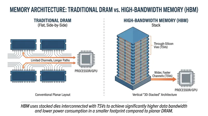 Vertical stacking allows HBM to transfer massive amounts of data instantaneously, but requires highly complex manufacturing.