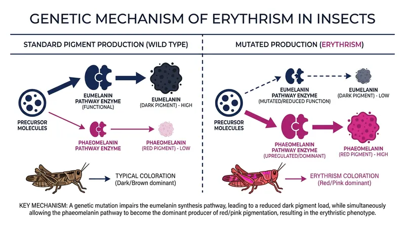 Erythrism alters pigment production, reducing dark hues while overproducing red and pink tones.