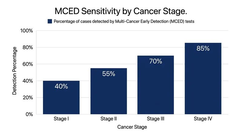 MCED sensitivity increases significantly as tumors grow and shed more DNA.