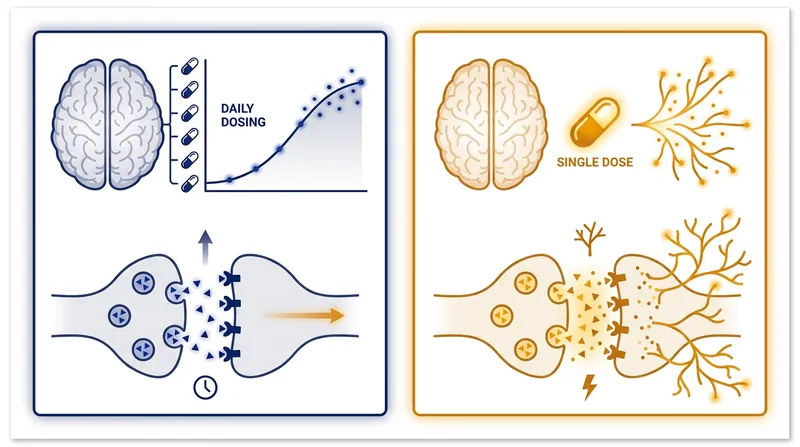 Unlike traditional daily antidepressants, DT120 targets the 5-HT2A receptor to trigger rapid neuroplasticity.