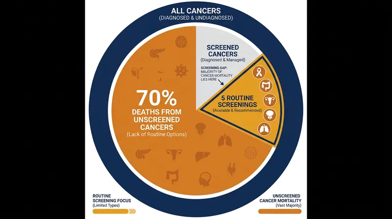 Nearly 70% of cancer deaths are caused by malignancies that lack routine screening protocols.