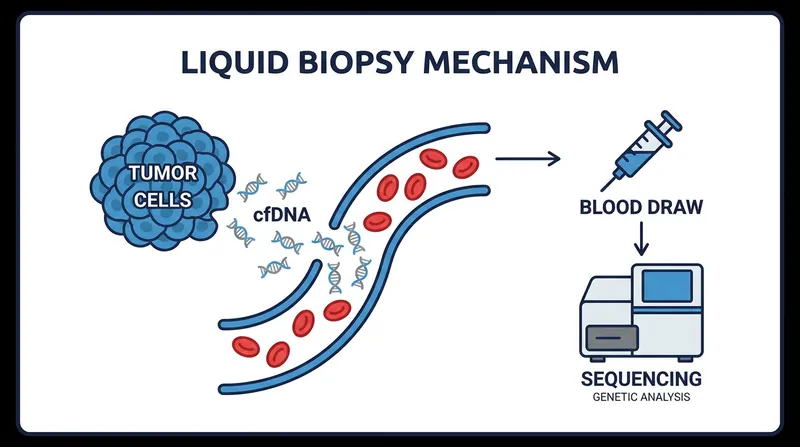 Liquid biopsies work by detecting circulating tumor DNA (ctDNA) shed by malignant cells into the bloodstream.