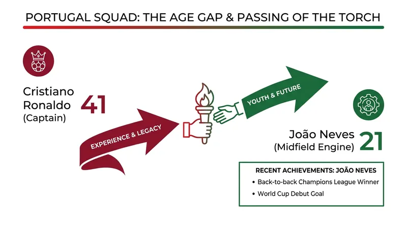 The 2026 World Cup represents a generational bridge for Portugal, spanning from their 41-year-old captain to their 21-year-old midfield star.