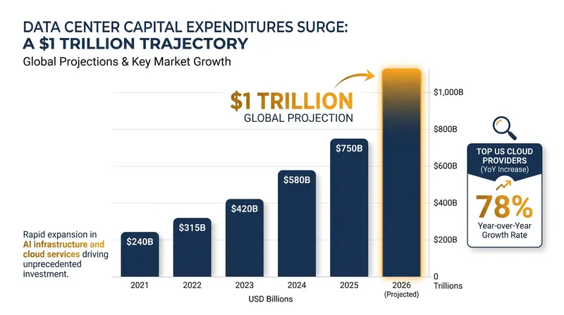 Data center capital expenditures are accelerating as hyperscalers race to secure physical compute capacity.
