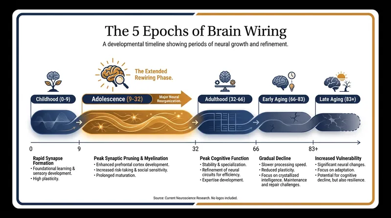 A recent Cambridge study analyzing 3,802 brain scans identified five distinct phases of structural development.