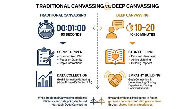 The structural differences between traditional voter outreach and the deep canvassing model.