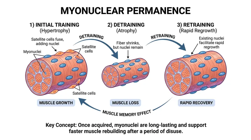Even when muscles shrink from disuse, the extra nuclei gained from past training remain permanently embedded in the tissue.